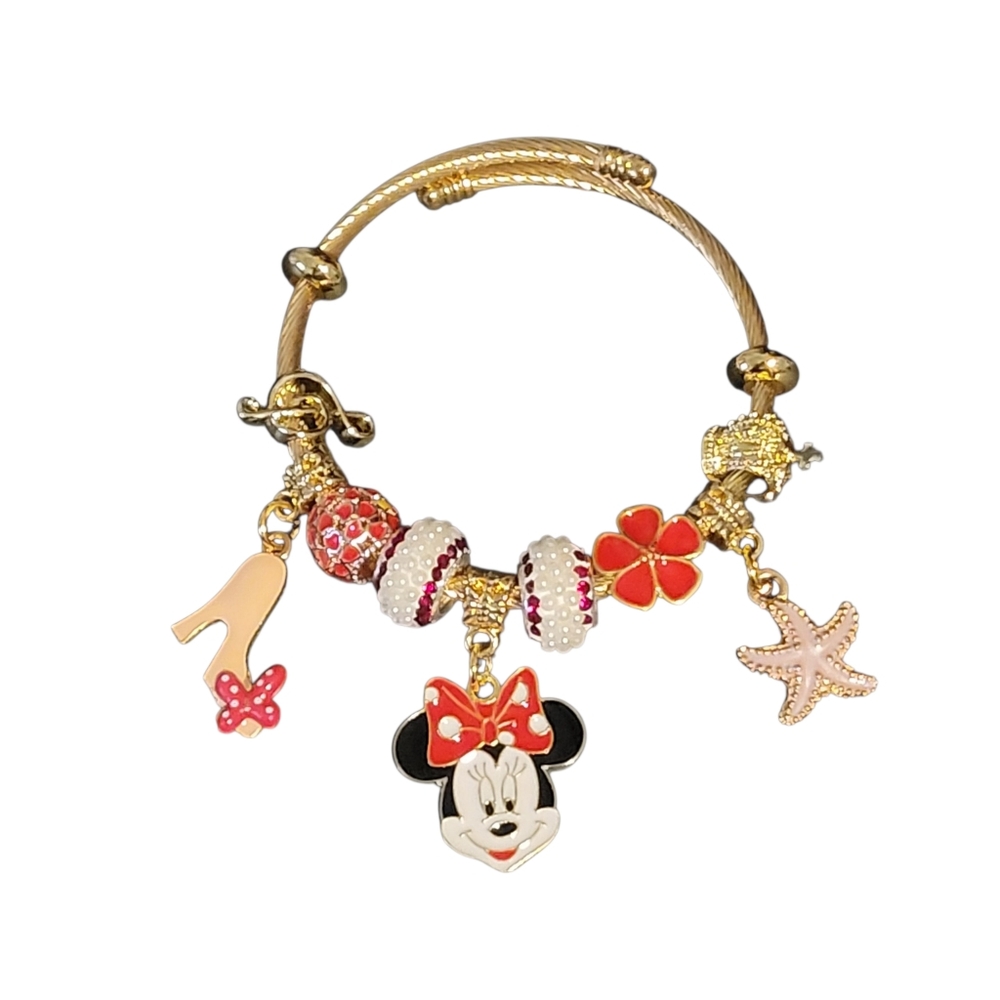 Disney Minnie Mouse Gold Toned Charm Bangle Bracelet - NWT